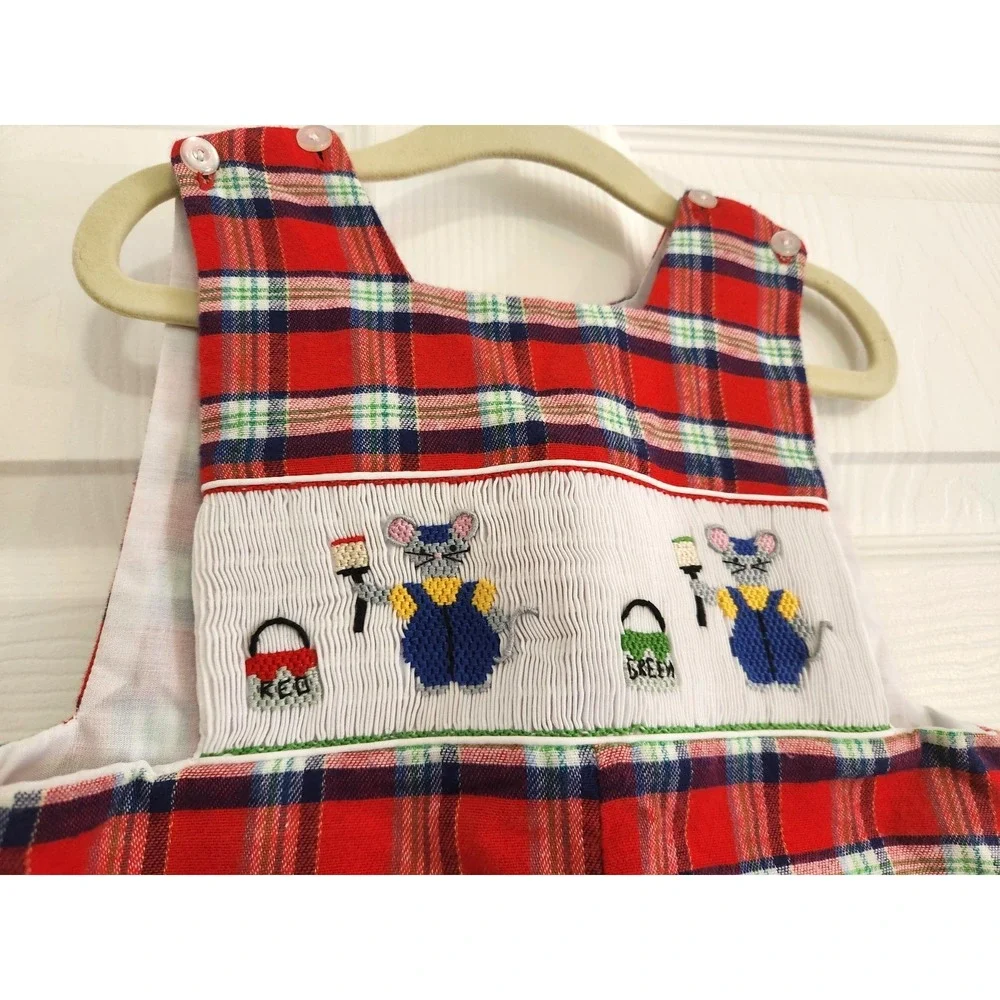 Anarini Smocked Boys Red Blue Plaid Mice Longall / Overall Size 12M Christmas